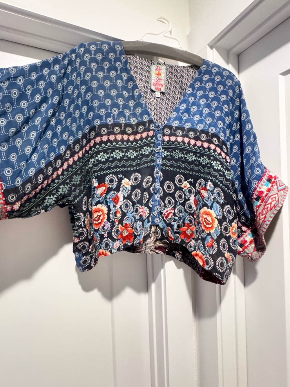 Johnny Was Reversible Boho Floral Print Blue Cropped Kimono